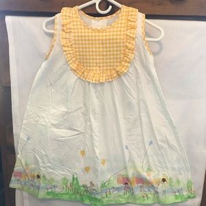 Yellow Gingham & White Kids With Kites Dress